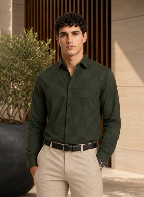 ADRO Men's Textured Windowpane Check Shirt - Dark Olive Green