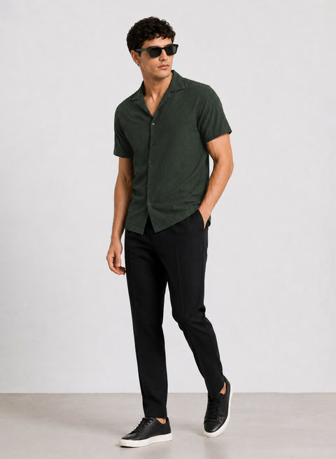 ADRO Men's Textured Cuban Collar Jacquard Shirt - Forest Green