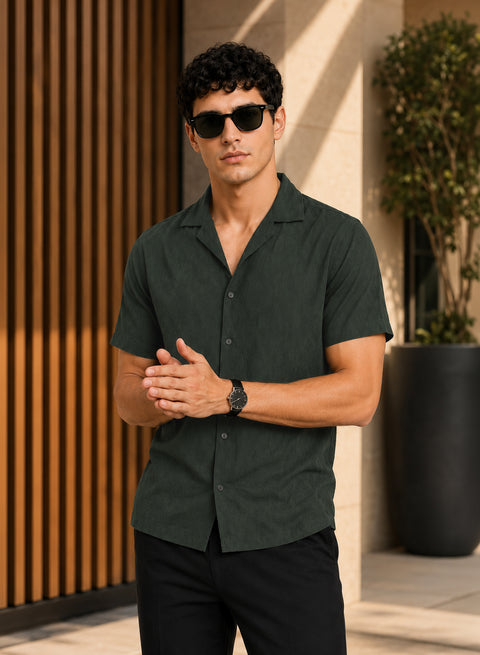 ADRO Men's Textured Cuban Collar Jacquard Shirt - Forest Green