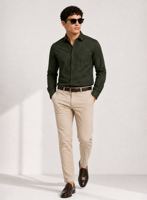 ADRO Men's Textured Windowpane Check Shirt - Dark Olive Green