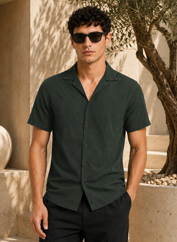 ADRO Men's Textured Cuban Collar Jacquard Shirt - Forest Green