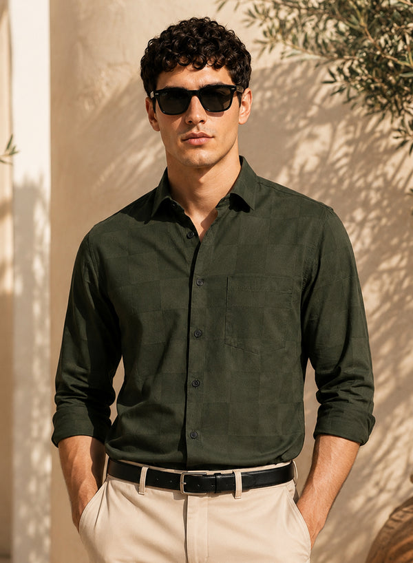 ADRO Men's Textured Windowpane Check Shirt - Dark Olive Green