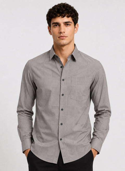 ADRO Men's Textured Windowpane Check Shirt - Stone Grey