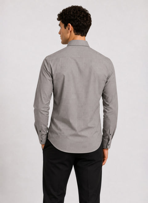 ADRO Men's Textured Windowpane Check Shirt - Stone Grey