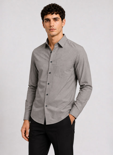 ADRO Men's Textured Windowpane Check Shirt - Stone Grey