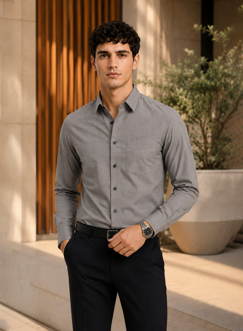 ADRO Men's Textured Windowpane Check Shirt - Stone Grey