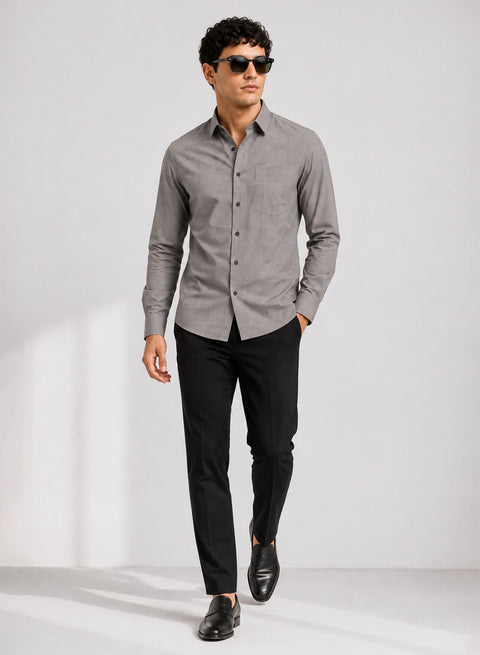 ADRO Men's Textured Windowpane Check Shirt - Stone Grey