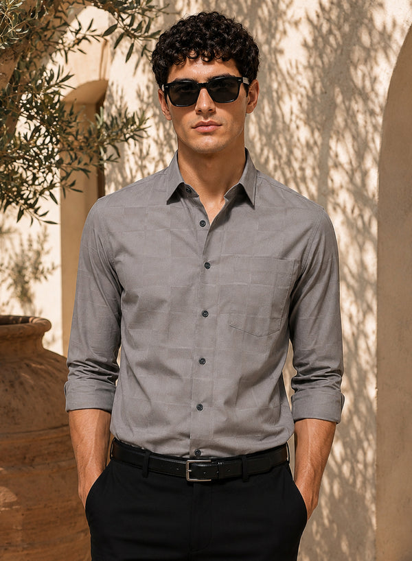 ADRO Men's Textured Windowpane Check Shirt - Stone Grey