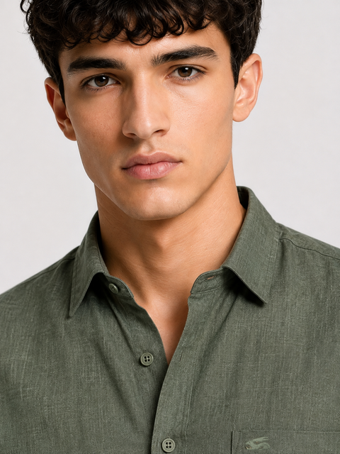 Men's Green Cotton Linen Shirt | Textured Casual Shirt