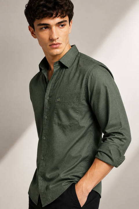 Men's Green Cotton Linen Shirt | Textured Casual Shirt