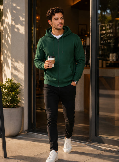 ADRO Zipper Hoodie for Men | 300 GSM Cotton Hoodies | Regular Fit Jacket for Men with Pockets | Sweatshirts with Zipper for Men | Forest Green