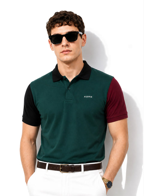 Adro Multicolour Polo T Shirt | 100% Cotton Mens Polo Tshirt | Regular Fit Half Sleeve Cut & Sew Polo T-shirt for men | Forest Fade