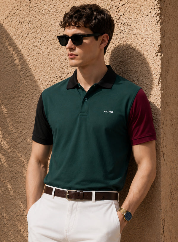 Adro Multicolour Polo T Shirt | 100% Cotton Mens Polo Tshirt | Regular Fit Half Sleeve Cut & Sew Polo T-shirt for men  | Forest Fade