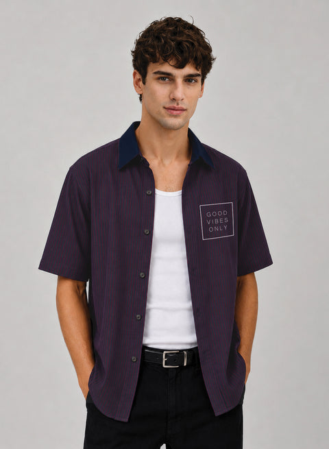 ADRO Good Vibes Only Half Sleeve Striped Shirt for Men | Cotton Blend Casual Shirts | Relaxed Fit Contrast Collar Summer Wear | Maroon