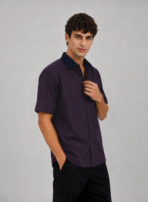ADRO Good Vibes Only Half Sleeve Striped Shirt for Men | Cotton Blend Casual Shirts | Relaxed Fit Contrast Collar Summer Wear | Maroon