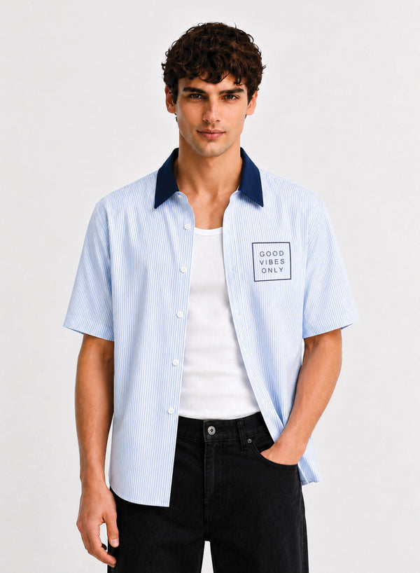 ADRO Good Vibes Only Half Sleeve Striped Shirt for Men | Cotton Blend Casual Shirts | Relaxed Fit Contrast Collar Summer Wear | Lavender