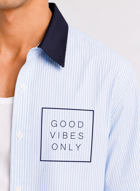 ADRO Good Vibes Only Half Sleeve Striped Shirt for Men | Cotton Blend Casual Shirts | Relaxed Fit Contrast Collar Summer Wear | Lavender