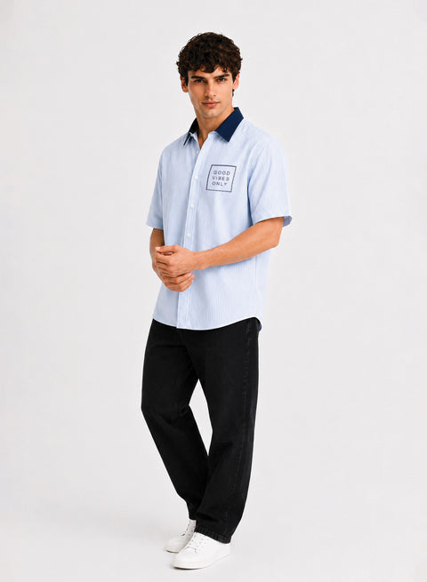 ADRO Good Vibes Only Half Sleeve Striped Shirt for Men | Cotton Blend Casual Shirts | Relaxed Fit Contrast Collar Summer Wear | Sky Blue