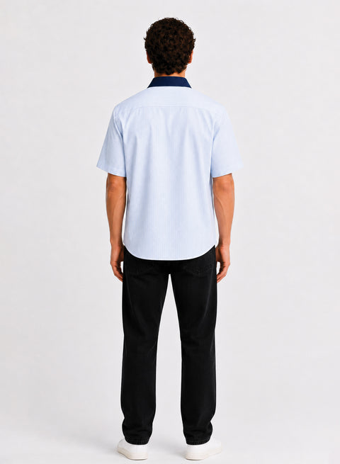 ADRO Good Vibes Only Half Sleeve Striped Shirt for Men | Cotton Blend Casual Shirts | Relaxed Fit Contrast Collar Summer Wear | Sky Blue