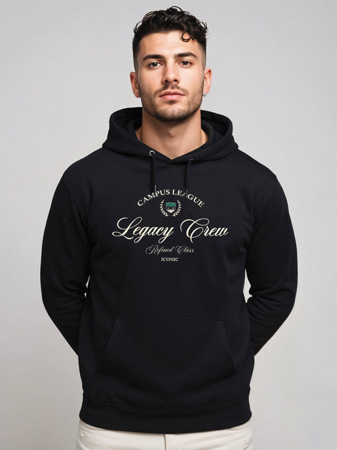 Adro Campus League Legacy Crew Hoodie for Men | 320 GSM Cotton-Poly Fleece | Soft Feel, Skin-Friendly Printed Graphic, Warm Casual Sweatshirt with Kangaroo Pocket & Drawstring Hood