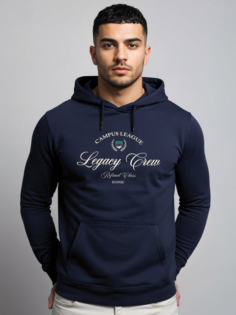 Adro Campus League Legacy Crew Hoodie for Men | 320 GSM Cotton-Poly Fleece | Soft Feel, Skin-Friendly Printed Graphic, Warm Casual Sweatshirt with Kangaroo Pocket & Drawstring Hood