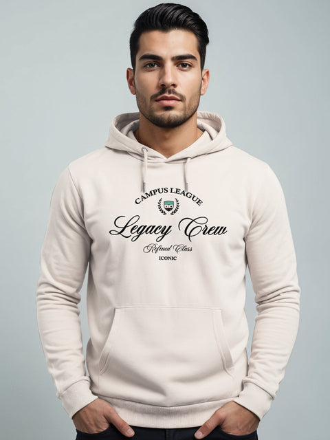 Adro Campus League Legacy Crew Hoodie for Men | 320 GSM Cotton-Poly Fleece | Soft Feel, Skin-Friendly Printed Graphic, Warm Casual Sweatshirt with Kangaroo Pocket & Drawstring Hood
