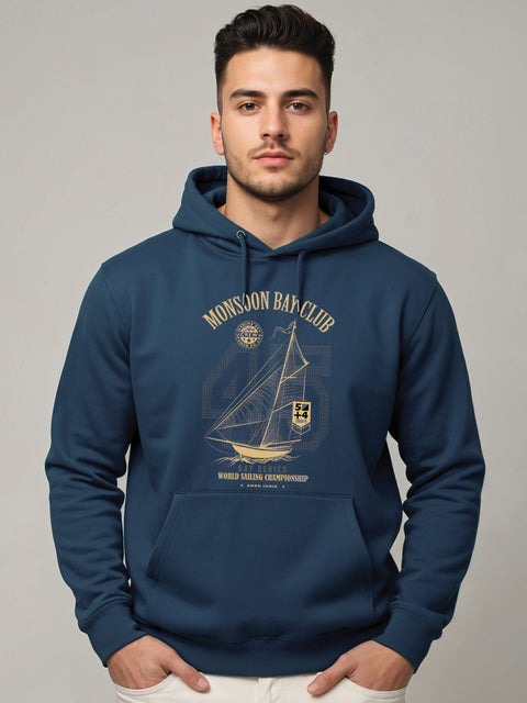 ADRO Men’s 320 GSM Cotton Poly Fleece Hoodie – Monsoon Bay Club Sailing Graphic, Soft Feel Fabric, Skin-Friendly Print,  Casual Winter Printed Hoodies with Kangaroo Pocket
