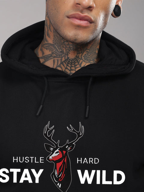 Adro Hustle Hard Stay Wild Hoodie for Men | 320 GSM Cotton-Poly Fleece | Soft Feel, Skin-Friendly Printed Graphic, Warm Casual Sweatshirt with Kangaroo Pocket & Drawstring Hood –