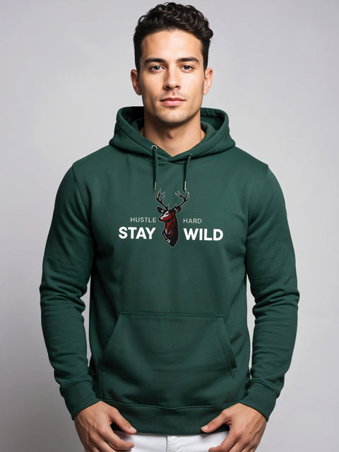 Adro Hustle Hard Stay Wild Hoodie for Men | 320 GSM Cotton-Poly Fleece | Soft Feel, Skin-Friendly Printed Graphic, Warm Casual Sweatshirt with Kangaroo Pocket & Drawstring Hood –