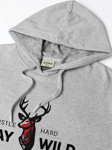 Adro Hustle Hard Stay Wild Hoodie for Men | 320 GSM Cotton-Poly Fleece | Soft Feel, Skin-Friendly Printed Graphic, Warm Casual Sweatshirt with Kangaroo Pocket & Drawstring Hood –