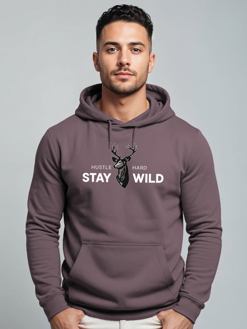Adro Hustle Hard Stay Wild Hoodie for Men | 320 GSM Cotton-Poly Fleece | Soft Feel, Skin-Friendly Printed Graphic, Warm Casual Sweatshirt with Kangaroo Pocket & Drawstring Hood –