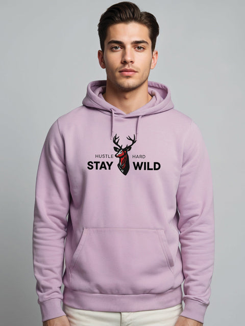 Adro Hustle Hard Stay Wild Hoodie for Men | 320 GSM Cotton-Poly Fleece | Soft Feel, Skin-Friendly Printed Graphic, Warm Casual Sweatshirt with Kangaroo Pocket & Drawstring Hood –