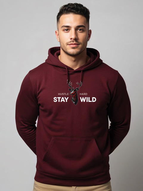 Adro Hustle Hard Stay Wild Hoodie for Men | 320 GSM Cotton-Poly Fleece | Soft Feel, Skin-Friendly Printed Graphic, Warm Casual Sweatshirt with Kangaroo Pocket & Drawstring Hood –