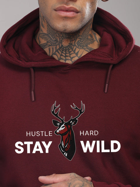 Adro Hustle Hard Stay Wild Hoodie for Men | 320 GSM Cotton-Poly Fleece | Soft Feel, Skin-Friendly Printed Graphic, Warm Casual Sweatshirt with Kangaroo Pocket & Drawstring Hood –
