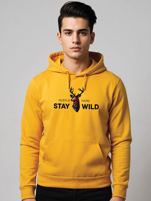 Adro Hustle Hard Stay Wild Hoodie for Men | 320 GSM Cotton-Poly Fleece | Soft Feel, Skin-Friendly Printed Graphic, Warm Casual Sweatshirt with Kangaroo Pocket & Drawstring Hood –