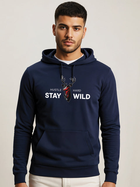 Adro Hustle Hard Stay Wild Hoodie for Men | 320 GSM Cotton-Poly Fleece | Soft Feel, Skin-Friendly Printed Graphic, Warm Casual Sweatshirt with Kangaroo Pocket & Drawstring Hood –