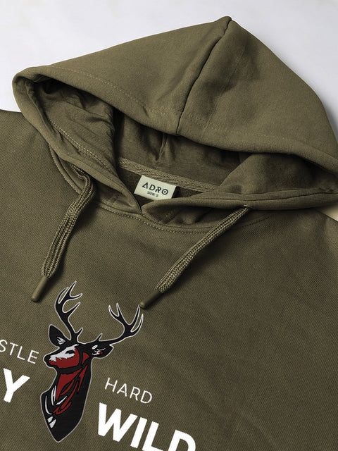 Adro Hustle Hard Stay Wild Hoodie for Men | 320 GSM Cotton-Poly Fleece | Soft Feel, Skin-Friendly Printed Graphic, Warm Casual Sweatshirt with Kangaroo Pocket & Drawstring Hood –