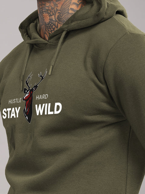 Adro Hustle Hard Stay Wild Hoodie for Men | 320 GSM Cotton-Poly Fleece | Soft Feel, Skin-Friendly Printed Graphic, Warm Casual Sweatshirt with Kangaroo Pocket & Drawstring Hood –