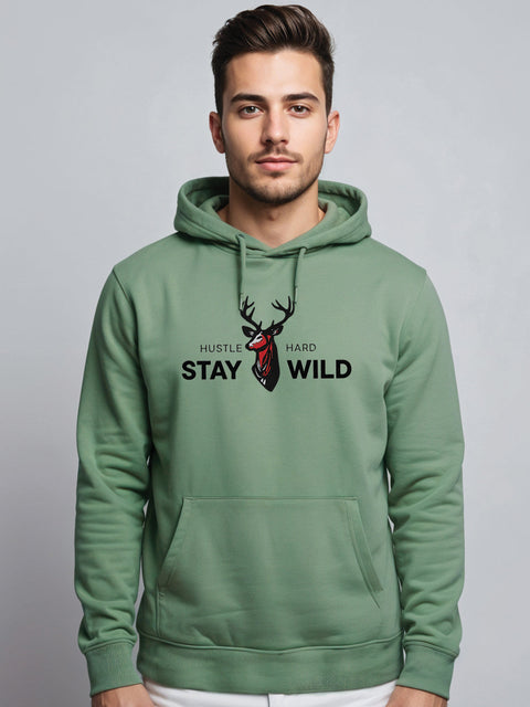 Adro Hustle Hard Stay Wild Hoodie for Men | 320 GSM Cotton-Poly Fleece | Soft Feel, Skin-Friendly Printed Graphic, Warm Casual Sweatshirt with Kangaroo Pocket & Drawstring Hood –