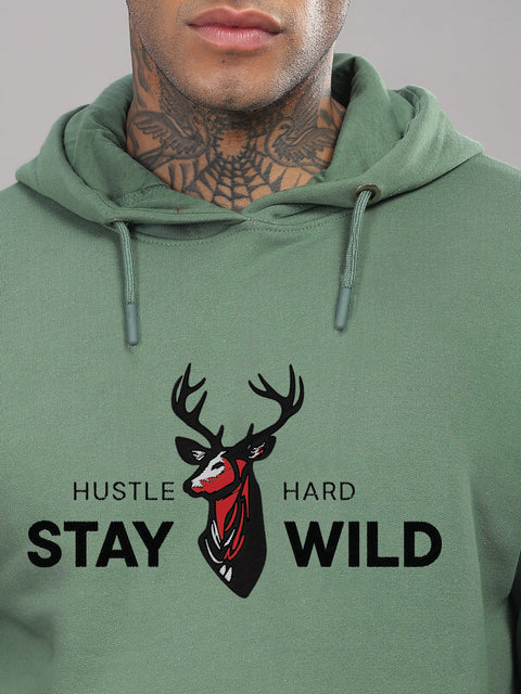 Adro Hustle Hard Stay Wild Hoodie for Men | 320 GSM Cotton-Poly Fleece | Soft Feel, Skin-Friendly Printed Graphic, Warm Casual Sweatshirt with Kangaroo Pocket & Drawstring Hood –