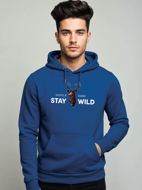Adro Hustle Hard Stay Wild Hoodie for Men | 320 GSM Cotton-Poly Fleece | Soft Feel, Skin-Friendly Printed Graphic, Warm Casual Sweatshirt with Kangaroo Pocket & Drawstring Hood –