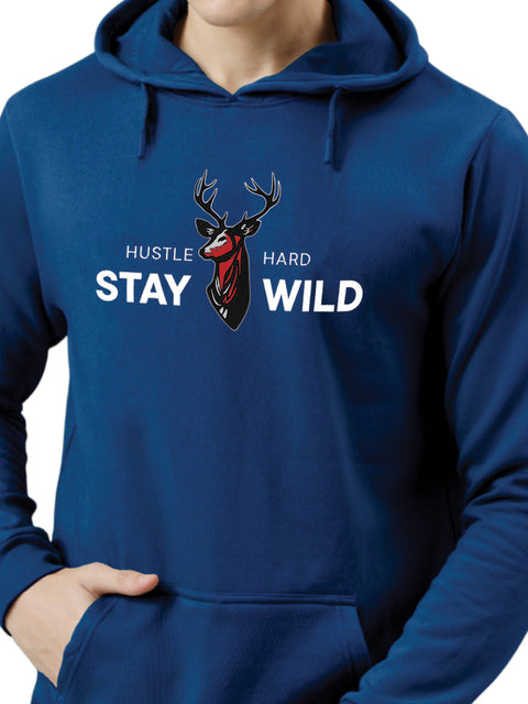 Adro Hustle Hard Stay Wild Hoodie for Men | 320 GSM Cotton-Poly Fleece | Soft Feel, Skin-Friendly Printed Graphic, Warm Casual Sweatshirt with Kangaroo Pocket & Drawstring Hood –