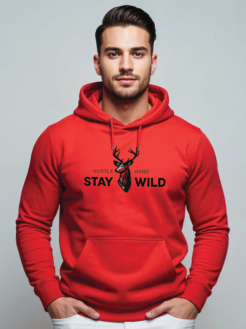 Adro Hustle Hard Stay Wild Hoodie for Men | 320 GSM Cotton-Poly Fleece | Soft Feel, Skin-Friendly Printed Graphic, Warm Casual Sweatshirt with Kangaroo Pocket & Drawstring Hood –