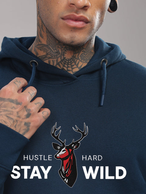 Adro Hustle Hard Stay Wild Hoodie for Men | 320 GSM Cotton-Poly Fleece | Soft Feel, Skin-Friendly Printed Graphic, Warm Casual Sweatshirt with Kangaroo Pocket & Drawstring Hood –