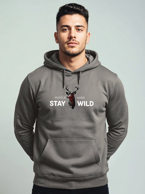 Adro Hustle Hard Stay Wild Hoodie for Men | 320 GSM Cotton-Poly Fleece | Soft Feel, Skin-Friendly Printed Graphic, Warm Casual Sweatshirt with Kangaroo Pocket & Drawstring Hood –
