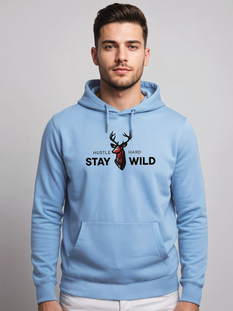 Adro Hustle Hard Stay Wild Hoodie for Men | 320 GSM Cotton-Poly Fleece | Soft Feel, Skin-Friendly Printed Graphic, Warm Casual Sweatshirt with Kangaroo Pocket & Drawstring Hood –