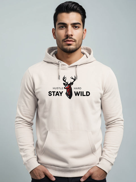 Adro Hustle Hard Stay Wild Hoodie for Men | 320 GSM Cotton-Poly Fleece | Soft Feel, Skin-Friendly Printed Graphic, Warm Casual Sweatshirt with Kangaroo Pocket & Drawstring Hood –
