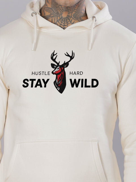 Adro Hustle Hard Stay Wild Hoodie for Men | 320 GSM Cotton-Poly Fleece | Soft Feel, Skin-Friendly Printed Graphic, Warm Casual Sweatshirt with Kangaroo Pocket & Drawstring Hood –