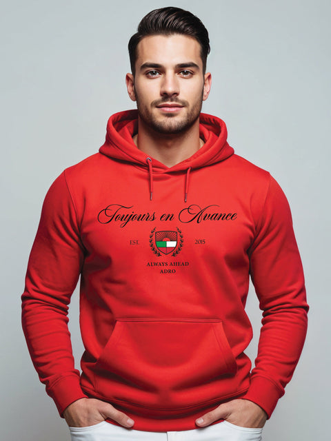 Adro Toujours en Avance Hoodie for Men  | 320 GSM Cotton-Poly Fleece | Soft Feel, Skin-Friendly Printed Graphic, Warm Casual Sweatshirt with Kangaroo Pocket & Drawstring Hood