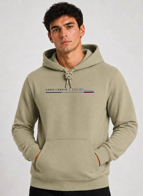 ADRO Men Beige Denim Printed Regular Fit Hoodie Beige